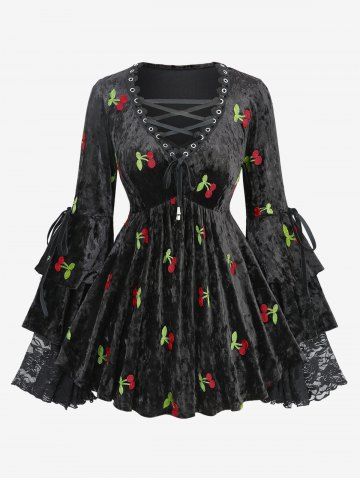 Plus Size Cherry Embroidery Grommet Lace Up Floral Lace Drawstring Flare Sleeve Top - BLACK - M | US 10