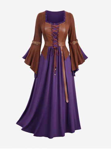 Plus Size Lace Up Ruffles Flare Sleeves Lace Trim PU Leather Patchwork 2 In 1 Medieval Renaissance Dress - COFFEE - L | US 12