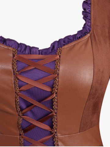 Plus Size Lace Up Ruffles Flare Sleeves Lace Trim PU Leather Patchwork 2 In 1 Medieval Renaissance Dress