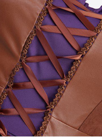 Plus Size Lace Up Ruffles Flare Sleeves Lace Trim PU Leather Patchwork 2 In 1 Medieval Renaissance Dress