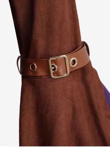 Plus Size Lace Up Ruffles Flare Sleeves Lace Trim PU Leather Patchwork 2 In 1 Medieval Renaissance Dress