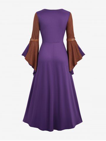 Plus Size Lace Up Ruffles Flare Sleeves Lace Trim PU Leather Patchwork 2 In 1 Medieval Renaissance Dress
