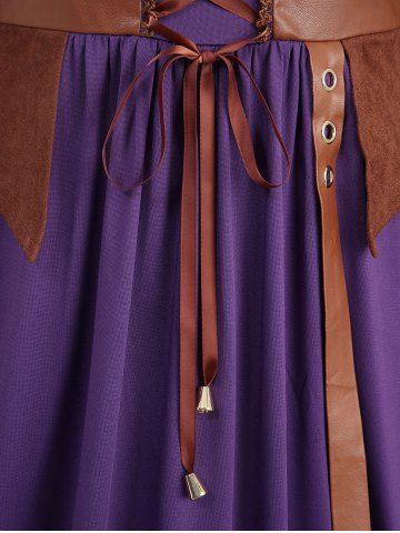 Plus Size Lace Up Ruffles Flare Sleeves Lace Trim PU Leather Patchwork 2 In 1 Medieval Renaissance Dress