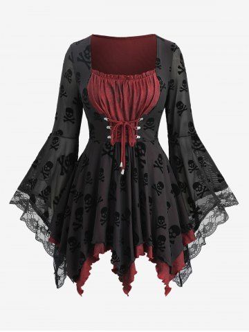 Plus Size Skull Flocking Mesh Ruched Floral Lace Ruffles Lace Up Flare Sleeve Asymmetrical Top - BLACK - 1X | US 14-16