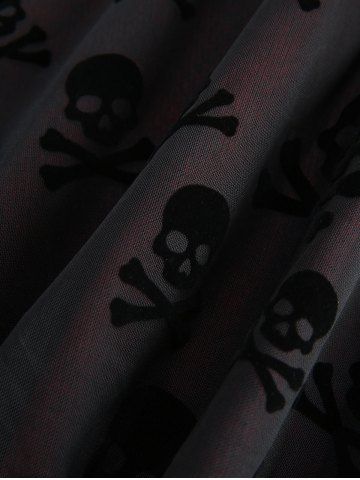 Plus Size Skull Flocking Mesh Ruched Floral Lace Ruffles Lace Up Flare Sleeve Asymmetrical Top