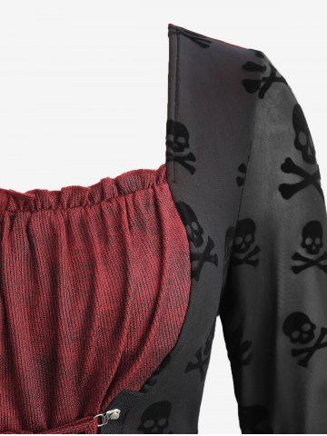Plus Size Skull Flocking Mesh Ruched Floral Lace Ruffles Lace Up Flare Sleeve Asymmetrical Top