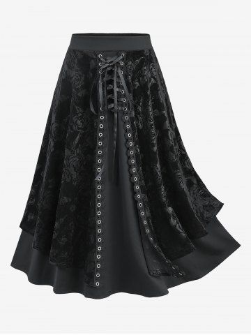 Plus Size Rose Flower Embossed Lace Up Layered Grommet Trim A Line Skirt - BLACK - M | US 10