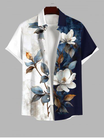 Plus Size Distressed Colorblock Flowers Leaf Print Buttons Pocket Hawaii Shirt For Men - MULTI-A - 5XL