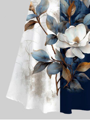 Plus Size Distressed Colorblock Flowers Leaf Print Cold Shoulder Crisscross Hawaii Maxi Dress