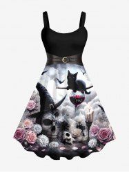 Plus Size Halloween Costume Hat Skull Cat Rose Flowers Red Wine Goblet Belt 3D Print Tank Dress -  