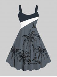 Plus Size Colorblock Coconut Tree Print Hawaii Tank Dress -  