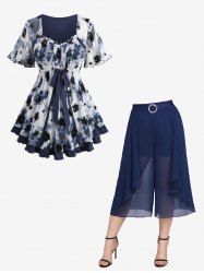Tie Dye Mesh Floral Flocking Layered Top and Chiffon Textured Ruffles Solid Pants Plus Size Outfit -  