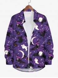 Plus Size Pumpkin Ghost Wizard Moon Star Ombre Galaxy Cat Bat Hat Print Halloween Button Shirt For Men -  