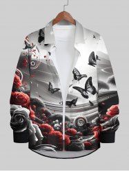 Plus Size Butterfly Rose Flower Ombre Light Beam Print Halloween Button Shirt For Men -  