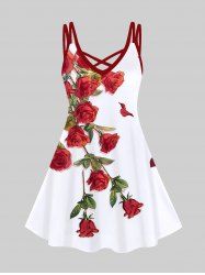 Plus Size Rose Flower Leaf Print Hawaii Crisscross A Line Cami Dress -  