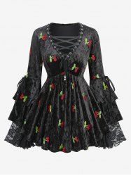 Plus Size Cherry Embroidery Grommet Lace Up Floral Lace Drawstring Flare Sleeve Top -  