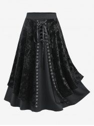Plus Size Rose Flower Embossed Lace Up Layered Grommet Trim A Line Skirt -  
