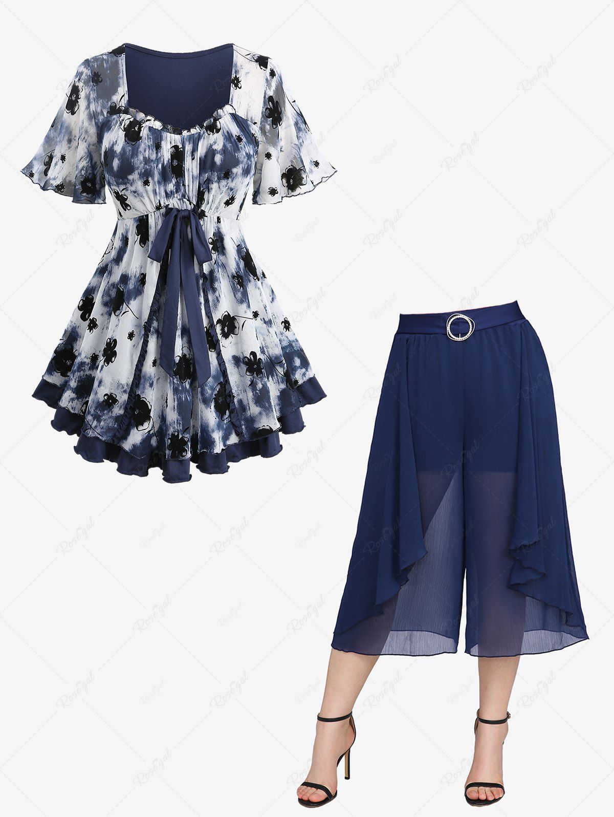 Unique Tie Dye Mesh Floral Flocking Layered Top and Chiffon Textured Ruffles Solid Pants Plus Size Outfit  