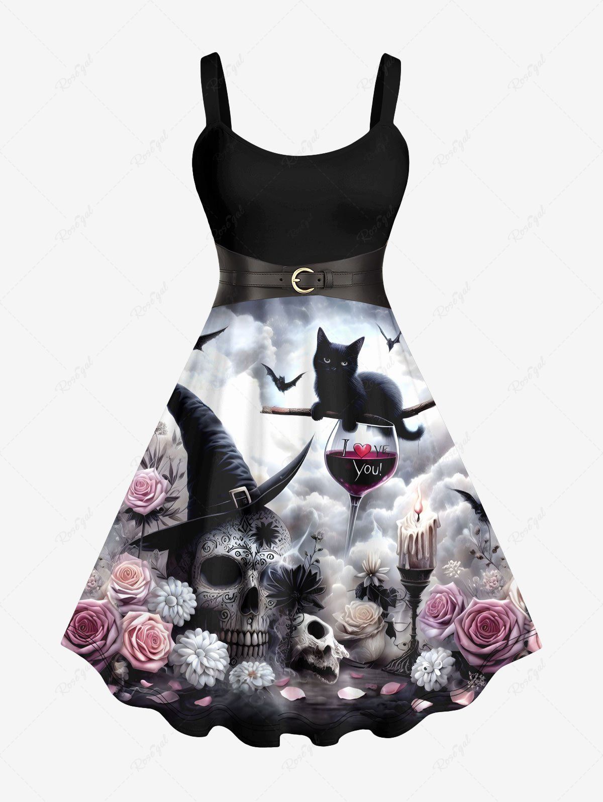 Unique Plus Size Halloween Costume Hat Skull Cat Rose Flowers Red Wine Goblet Belt 3D Print Tank Dress  