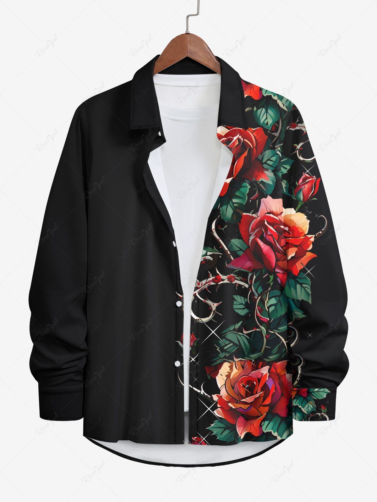 Cheap Plus Size Halloween Rose Flower Leaf Print Buttons Long Sleeve Shirt For Men  