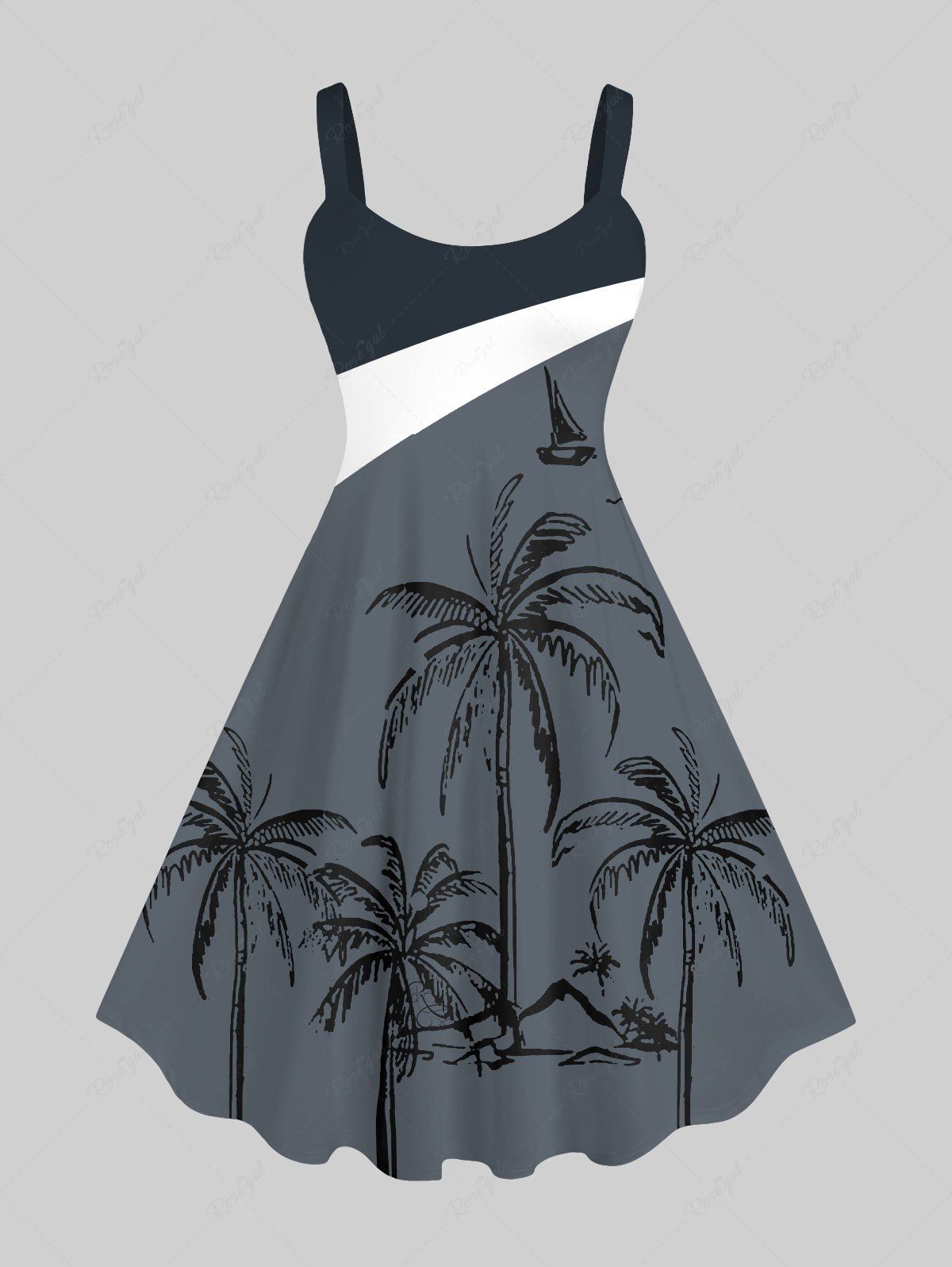 Affordable Plus Size Colorblock Coconut Tree Print Hawaii Tank Dress  
