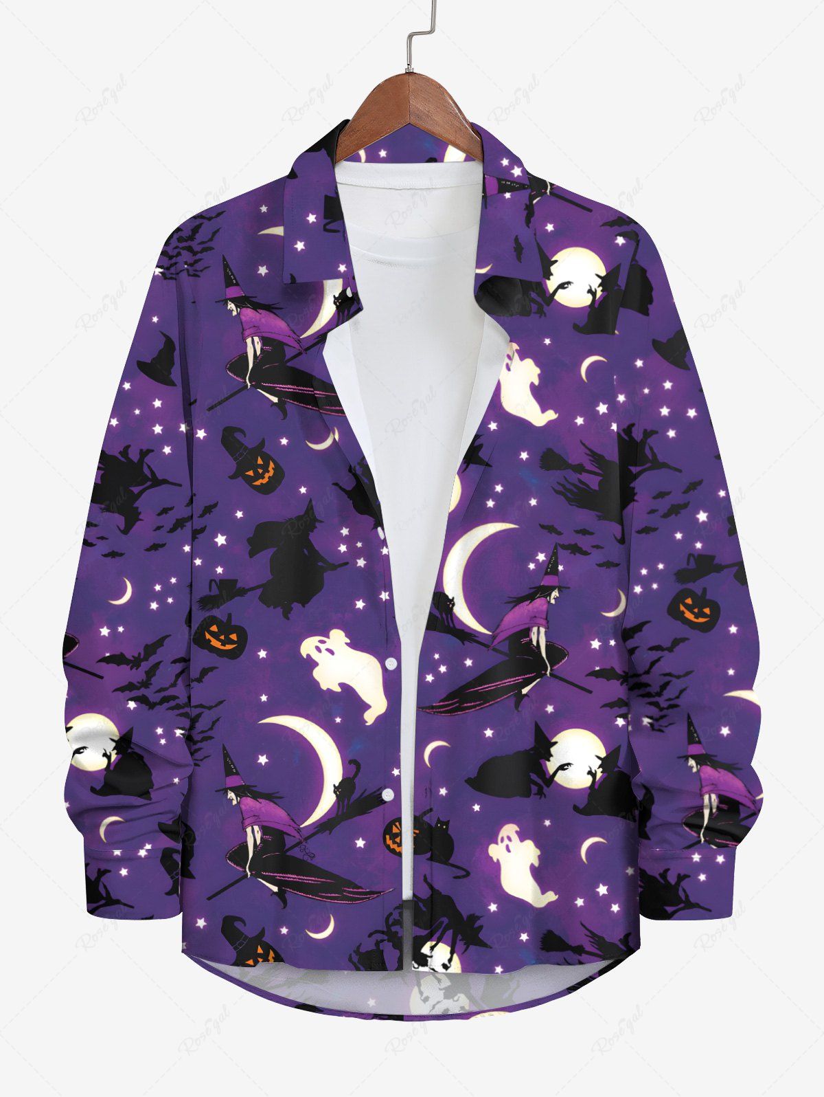 Fashion Plus Size Pumpkin Ghost Wizard Moon Star Ombre Galaxy Cat Bat Hat Print Halloween Button Shirt For Men  