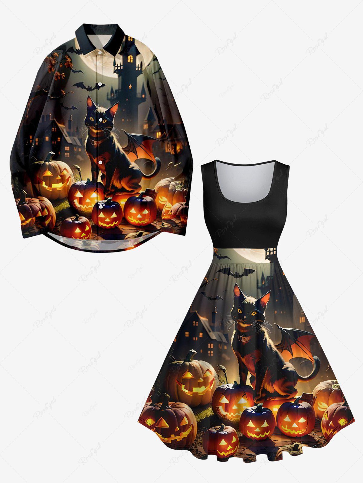 Store Halloween Costume Glitter Pumpkin Lantern Cat Bat Castle Moon Print Plus Size Matching Set For Couples  