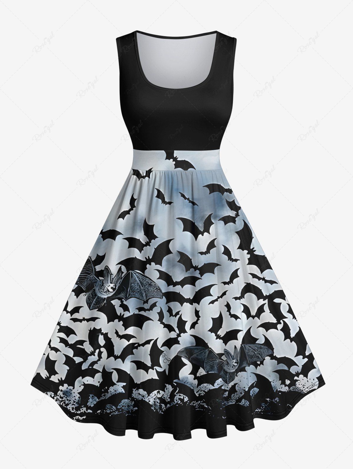 Sale Plus Size Bat Ombre Sky Print Halloween Costume Vintage Swing A Line Dress  