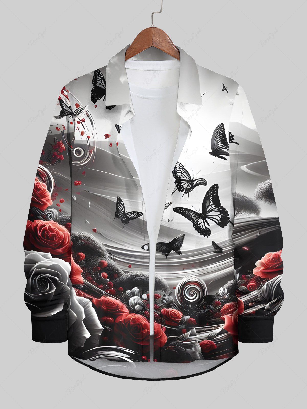 New Plus Size Butterfly Rose Flower Ombre Light Beam Print Halloween Button Shirt For Men  