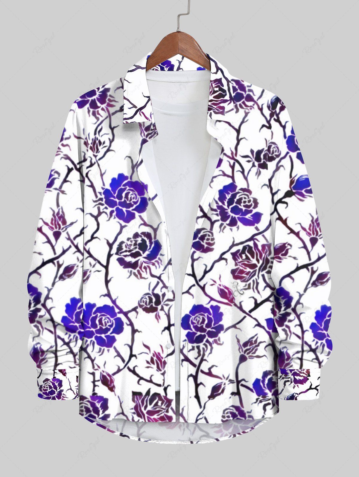 Fancy Plus Size Ombre Rose Flower Vine Print Halloween Button Shirt For Men  