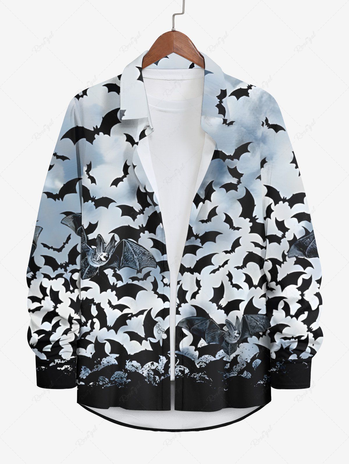 New Plus Size Bat Ombre Sky Print Halloween Button Shirt For Men  
