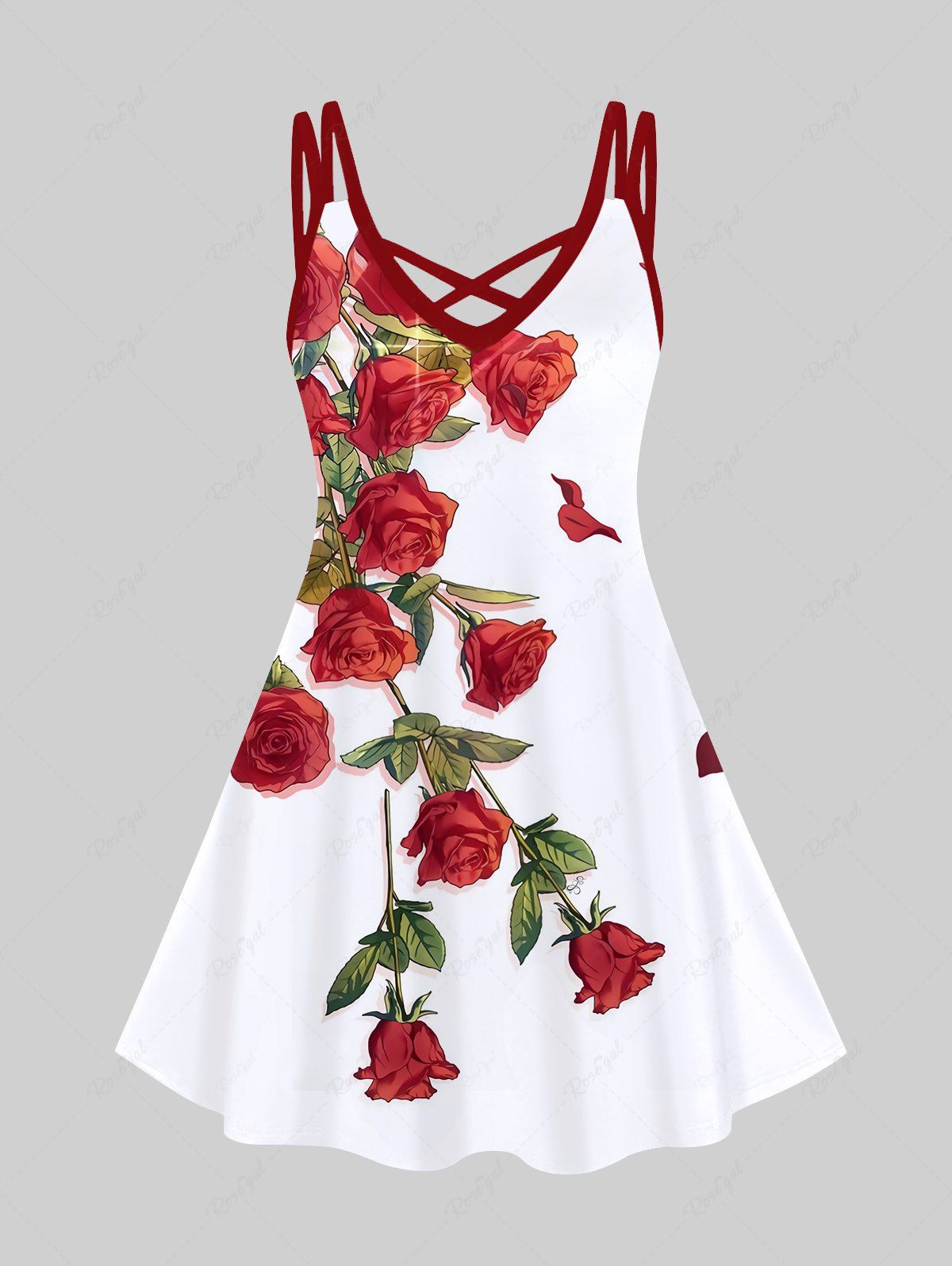 Online Plus Size Rose Flower Leaf Print Hawaii Crisscross A Line Cami Dress  