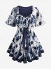 Tie Dye Mesh Floral Flocking Layered Top and Chiffon Textured Ruffles Solid Pants Plus Size Outfit -  