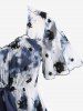 Tie Dye Mesh Floral Flocking Layered Top and Chiffon Textured Ruffles Solid Pants Plus Size Outfit -  
