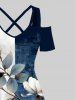 Plus Size Distressed Colorblock Flowers Leaf Print Cold Shoulder Crisscross Hawaii Maxi Dress -  
