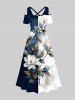 Plus Size Distressed Colorblock Flowers Leaf Print Cold Shoulder Crisscross Hawaii Maxi Dress -  