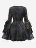 Plus Size Cherry Embroidery Grommet Lace Up Floral Lace Drawstring Flare Sleeve Top -  