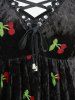 Plus Size Cherry Embroidery Grommet Lace Up Floral Lace Drawstring Flare Sleeve Top -  
