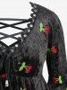 Plus Size Cherry Embroidery Grommet Lace Up Floral Lace Drawstring Flare Sleeve Top -  