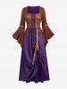 Plus Size Lace Up Ruffles Flare Sleeves Lace Trim PU Leather Patchwork 2 In 1 Medieval Renaissance Dress -  