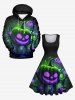 Robe D'Halloween Vintage Néon 3D Citrouille et Arbre Imprimés Grande Taille à Paillettes - Noir XS