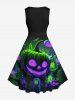 Robe D'Halloween Vintage Néon 3D Citrouille et Arbre Imprimés Grande Taille à Paillettes - Noir L