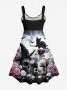 Plus Size Halloween Costume Hat Skull Cat Rose Flowers Red Wine Goblet Belt 3D Print Tank Dress -  