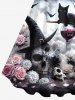 Plus Size Halloween Costume Hat Skull Cat Rose Flowers Red Wine Goblet Belt 3D Print Tank Dress -  