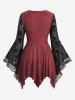 Plus Size Skull Flocking Mesh Ruched Floral Lace Ruffles Lace Up Flare Sleeve Asymmetrical Top -  