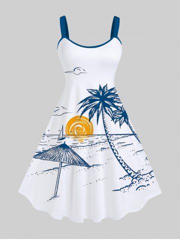 Plus Size Coconut Tree Sea Cloud Sun Parasols Print Hawaii A Line Tank Dress - WHITE - 6X