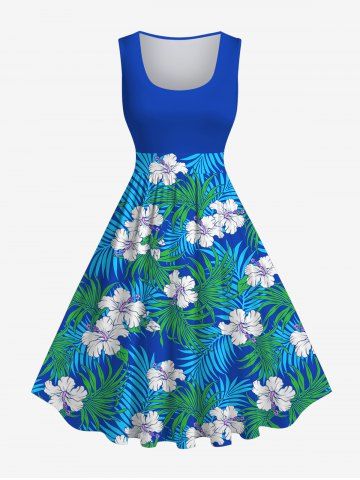 Plus Size Coconut Leaves Flower Print Hawaii 1950s Vintage Swing A Line Dress - BLUE - 1X