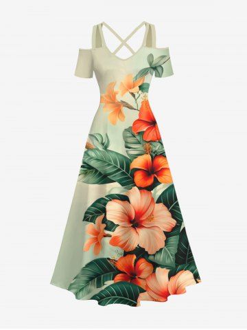 Plus Size Tropical Leaf Hibiscus Flower Print Cold Shoulder Crisscross Hawaii Maxi Dress - MULTI-A - 2X