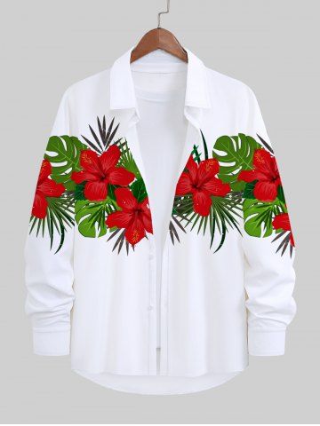 Chemise Décontractée Fleur Feuille D'Hibiscus et Feuille Tropicale Imprimées de Grande Taille à Manches Longues pour Homme - WHITE - 5XL