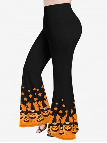 Plus Size Halloween Pumpkin Maple Leaves Colorblock Print Flare Pants - BLACK - XS